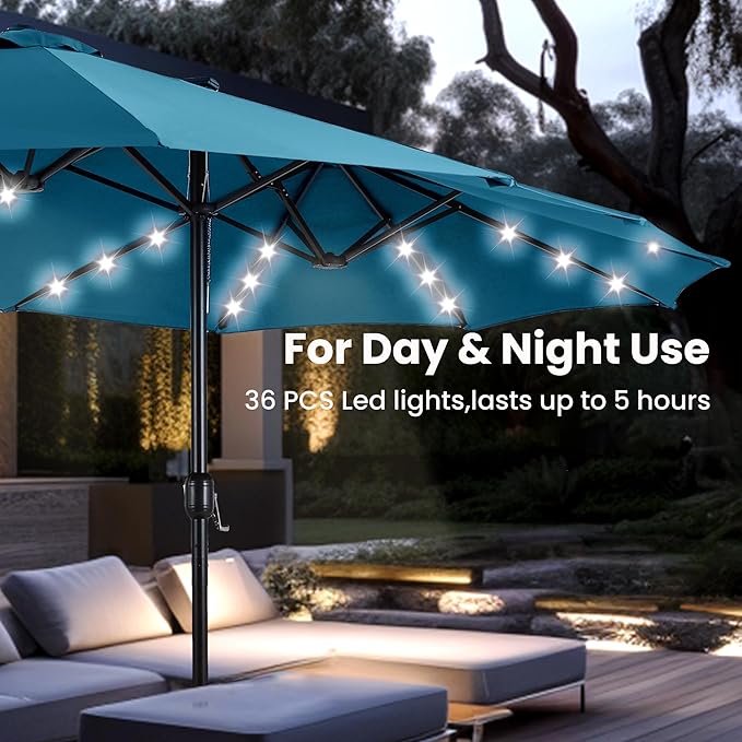 PHI VILLA 15ft Large Patio Umbrella with Solar Lights, Double-Sided Outdoor Market Rectangle Umbrellas with 36 LED Lights, Umbrella Base (Stand) Included, Cyan
