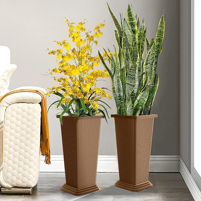 Set of 4 24" Tall Plastic Planters with Trays, Large Tapered Plant Pots for Indoor Outdoor Use, Modern Decorative Planters for Porch, Patio, Garden, and Backyard