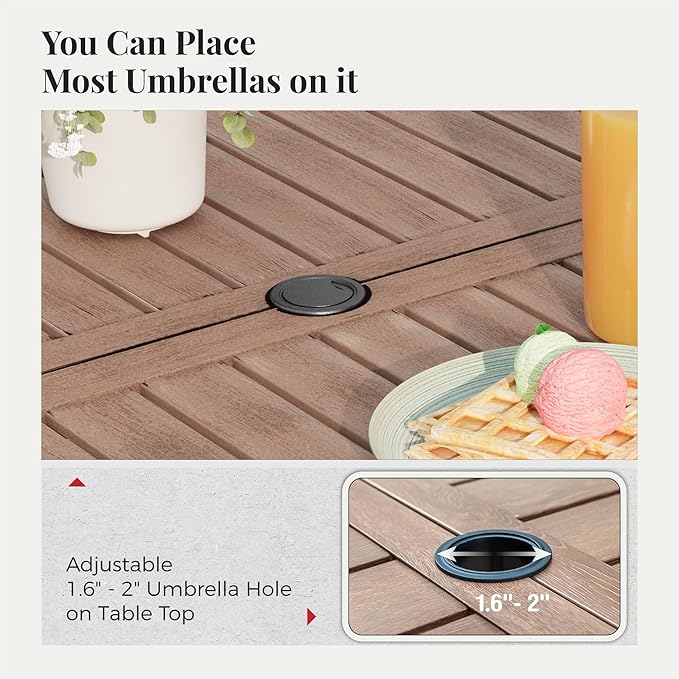 7 Pieces Patio Table and Chairs Set, Patio Dining Set for 6, 6 Textilene Chairs and 1 Wood-Like Rectangle Steel Table with Umbrella Hole, for Deck Backyard Lawn Poolside, Red