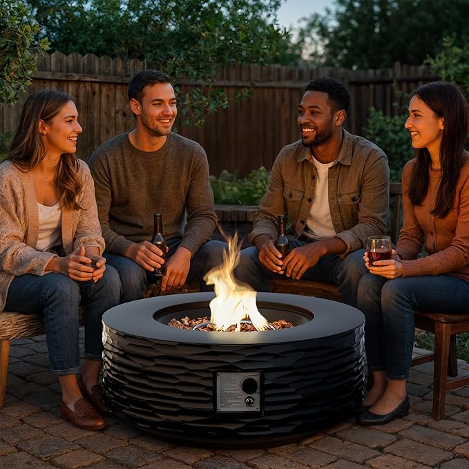 SUNBURY Outdoor Propane Fire Pit Table, 35 in Round 50000 BTU Outdoor Gas FirePit Table for Outside with Rain Cover, Propane Tank Cover for Backyard & Deck, Black