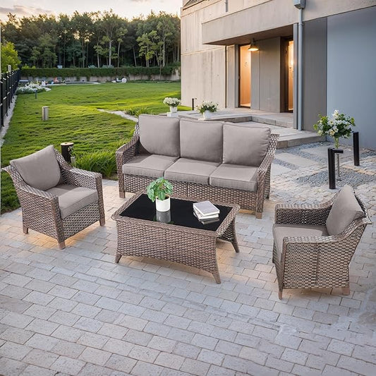 4 Piece Patio Furniture Set-Outdoor Rattan Wicker Sofa with Patio Chairs Outdoor Furniture for Porch Garden Backyard Poolside-Brown/Grey