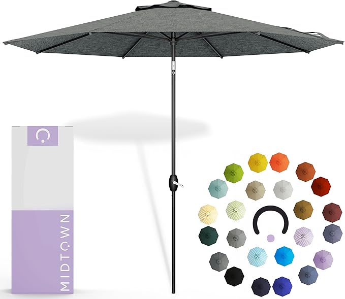Midtown Umbrellas 10-Year-No-Fade - 9 Ft - UV Proof Greige Polyester Fabric - Umbrella Outdoor Patio, Auto-Tilt Aluminum Frame Patio Umbrella for Garden, Pool & Deck - Black Pole