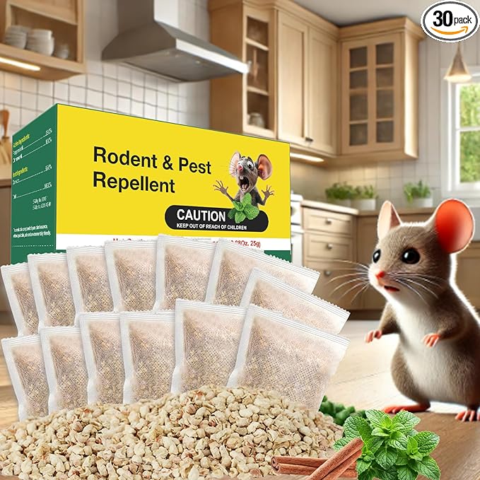 Mouse Repellent Pest Control Pouches, Safe for Pets and Humans, Natural Rodent Deterrent for Mice, Rats, Spiders, Ants, and Roaches - Effective Indoor & Outdoor Use (30 Pack)