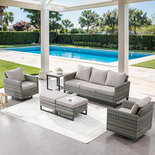 6 Piece Wicker Patio Furniture Set - Outdoor Swivel Rocker Chairs Set with Side Table, 3 Seat Sofa and Ottomans, Small Patio Conversation Sets Proch Furniture for Balcony Deck - Grey/Beige