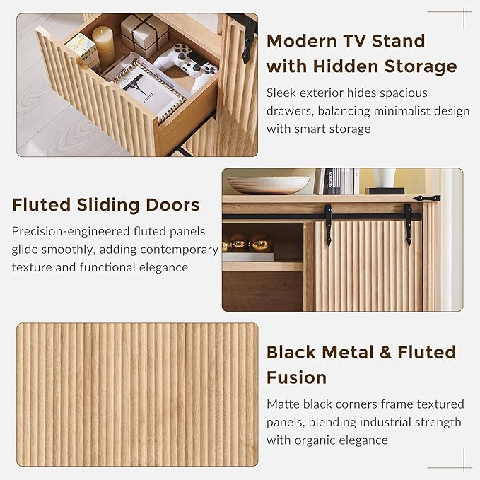 JXQTLINGMU Modern 66" TV Stand, Entertainment Center for TVs Up to 75", Media Console w/4 Drawers & Sliding Door, Wood Television Stand for Living Room, Luxury Fluted TV Stand w/Storage Shelves, Oak