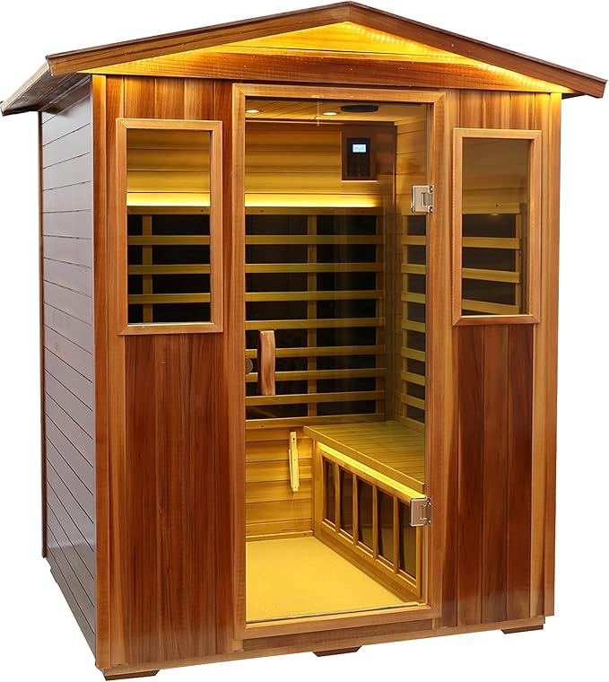 Outdoor Red Cedar Sauna 4 Person Far Infrared Sauna, Red Cedar, Withstand Outdoor Temp -10℉-149℉| Low EMF Sauna Room for Home-12 Low EMF Boards-Chromotherapy-Bluetooth Speakers (68.1*52.4*82.7 inch)