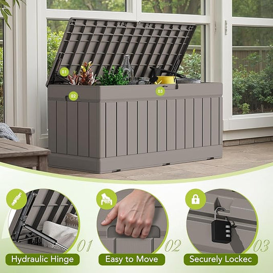 Devoko 78 Gallon Deck Box, Waterproof Resin Outdoor Storage Box for Outside and Patio, Outdoor Storage Bench Lockable for Patio Furniture, Garden Tools and Pool Supplies (Light Brown, 78 Gallon)