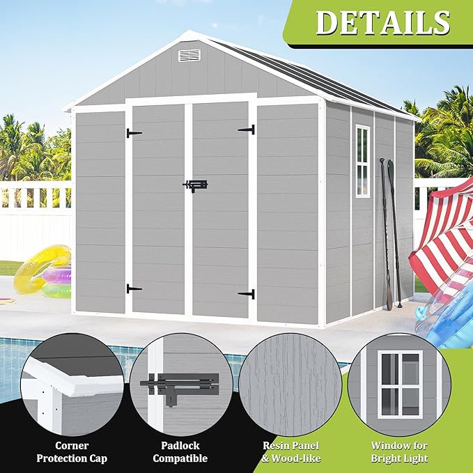 8X8 FT Resin Outdoor Storage Shed, Plastic Garden Sheds with Floor to Store Patio Furniture, Gardening Tools, Outside Patio Storage House with Window &Lockable Door for Backyard, Lawn, Grey