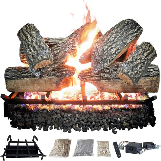 30" Premium Gas Logs - Remote Control Kit Included - for Liquid Propane Vented Fireplaces - Blazing Oak Design (Logs + Remote Light Kit)