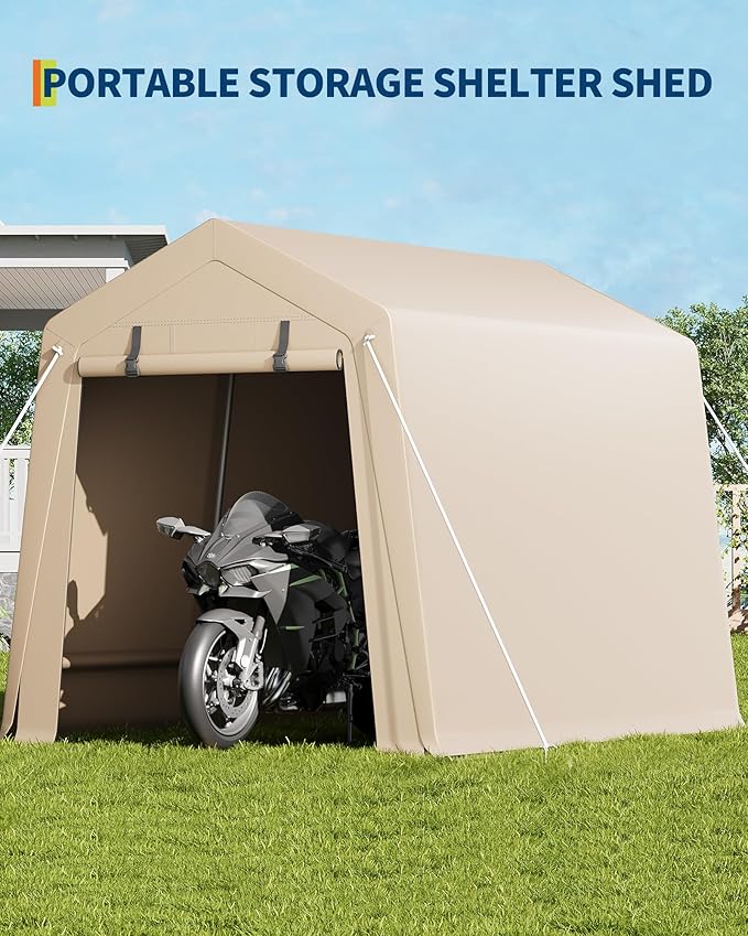 7 x 10 Ft Carport Portable Storage Shed Outdoor Tarp Sheds with Roll-Up Door, Bike Shed Storage Tent for Motorcycle, Garden Tools Khaki