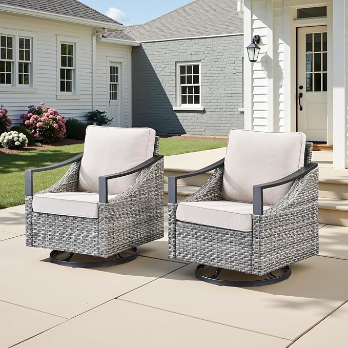 Swivel Outdoor Rocker Patio Chairs - Outdoor Swivel Rocking Chairs Set of 2, Wicker Chair Patio Furniture Sets with Removable Cover Thick Cushions for Porch Balcony Deck Gray/Beige