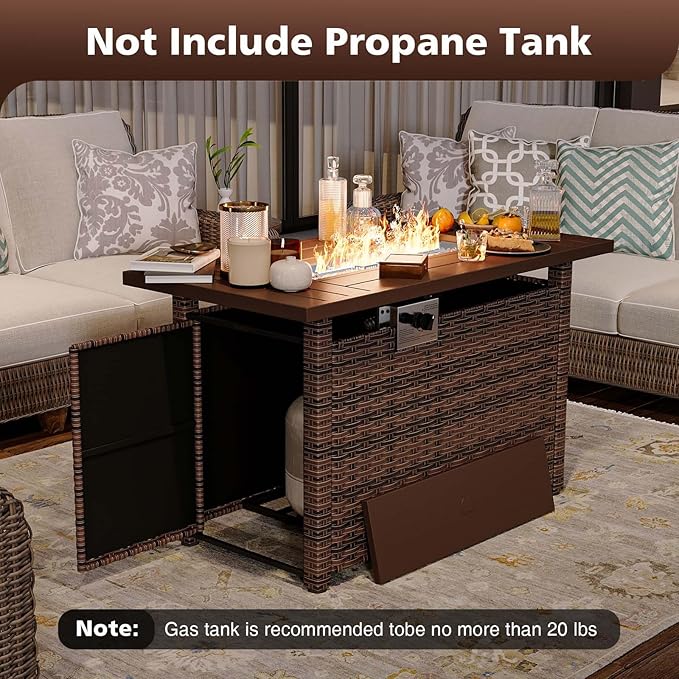 Aoxun 44" Propane Fire Pit with Storage 50,000 BTU Outdoor Wicker Fire Table CSA Certified Patio Rectangular Gas Fire Pit Table with Firepit Lid and Waterproof Cover