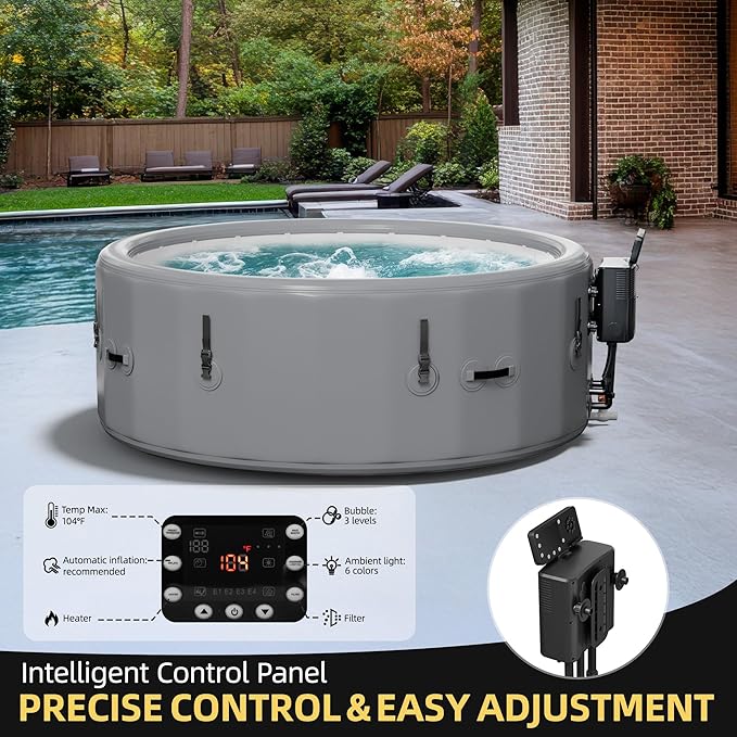 4-6 Person Inflatable Hot Tub, Portable Outdoor Spa with 160 Soothing Air Jets(77" x 28"), Portable Hot Tub with Cover and Heater Pump, Gray
