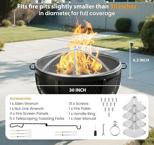 Fire Pit Spark Screen 30 Inch Round, Heavy Duty Stainless Steel Outdoor Fire Pit Screen Cover with Foldable Hook & Marshmallow Sticks, Mesh Spark Protector for Backyard, Camping, Beach
