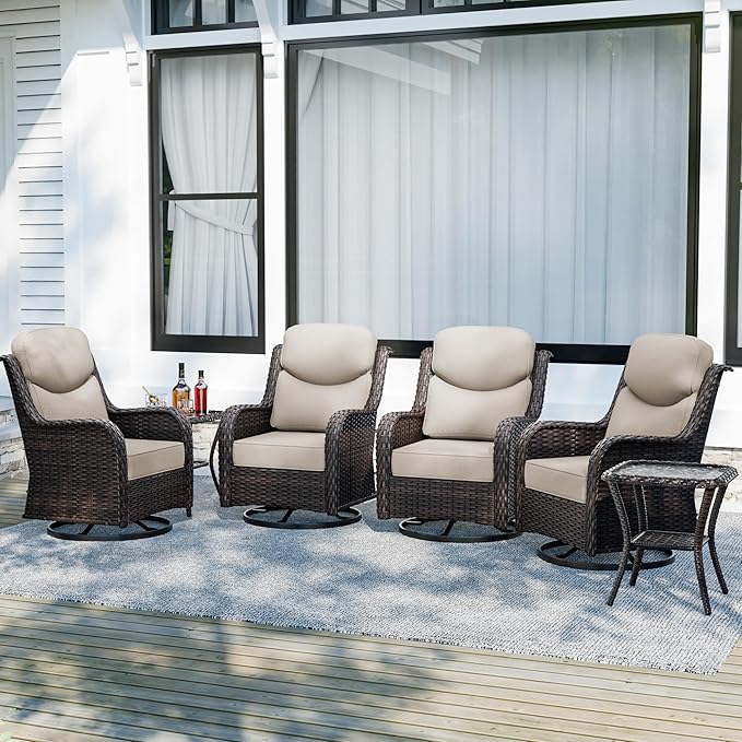 Patio Swivel Chairs Set of 4 and Side Table, Outdoor Swivel Rocker Patio Chairs with High Back and Thick Cushions, Wicker Patio Furniture Set for Porch, Deck Use (Beige, 6 PCS)