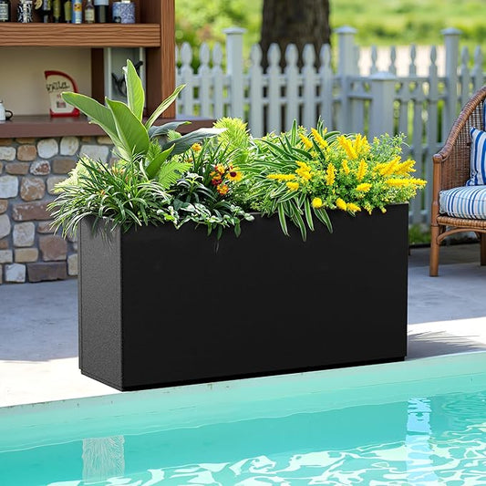 Metal Planter Box Rectangular Planter Box with Drainage Hole, Outdoor Large Planters, All-Weather Use, Rust-Resistance, for Flowers Plants, 32" L × 10" W × 16.3" H, Black
