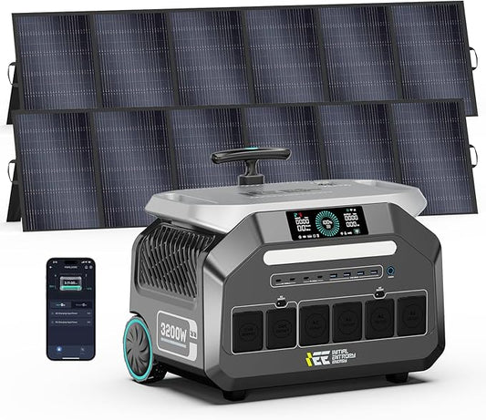 IEE P3200 Portable Power Station 3200W with 2x500W Solar Panel, 2048Wh Solar Generator, 1800W AC Charging, AC Outlets x 4, LiFePO4 Battery Power Station for Home Backup, Camping, RV, Emergency