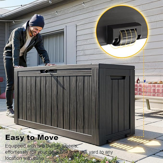 Outdoor Storage Box with Wheels – 85 Gallon Mobile Waterproof Resin Deck Box, Lockable Storage for Patio Cushions, Garden Tools, Pool Accessories – UV-Resistant Storage Bench for Backyard & Deck