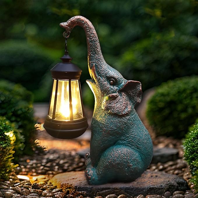 RCTTICUU Elephant Garden Statue Outdoor Décor with Solar Lights Lantern,Elephant Solar Light Figurines Outside Decorations for Yard，Lawn Patio, Balcony, Unique Housewarming Gifts