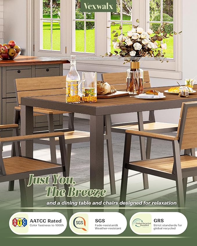 Outdoor Dining Set for 6, Patio Table and Chairs Set, Aluminum Patio Furniture Set with Umbrella Hole, HDPS Patio Dining Table Set for 6 (Gray-Teak)