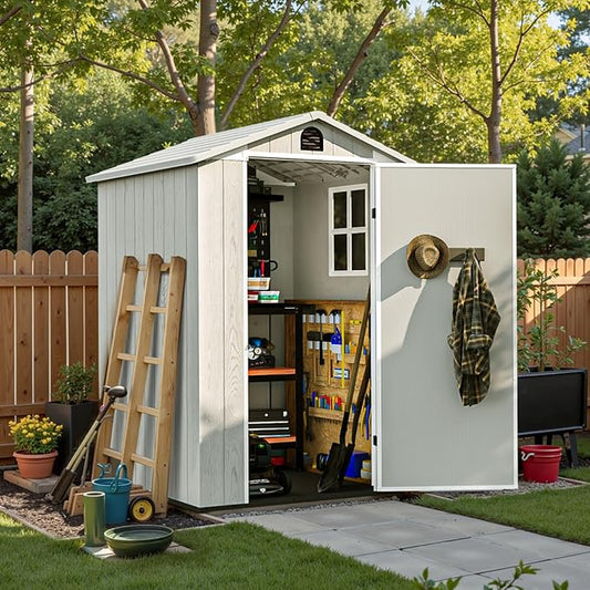 Patiowell 4 x 4 FT Plastic Outdoor Storage Shed with Floor, Garden Tool Shed with Two Windows and Single Lockable Door for Garden, Backyard, Lawn, Easy to Install, Light Grey(Fit-it Shed)