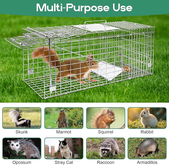 Humane Live Animal Trap Cage 26" × 9" × 10",Heavy-Duty Live Catch Cage for Raccoon, Squirrel, Stray Cats, Groundhogs, Armadillos, Opossums, Rabbits, Skunk, Mole, Small Wildlife Control