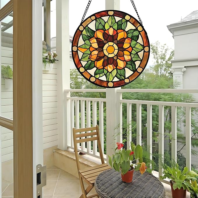 AMDERVEN Stained Glass Window Hanging - Yellow Green Boho Style Flowers Sun Catcher for Door Garden Home Decor Suncatcher Christmas Mother's Day Birthday Gifts for Women Mom Girl Nana Friend 9.8 in