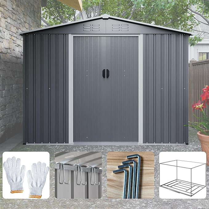 8X6 FT Outdoor Storage Shed with Roof,Waterproof House Tool Cabinet W/Metal Foundation & Lockable Doors,for Shovels,Umbrellas,Antennas,Escalators,Gray