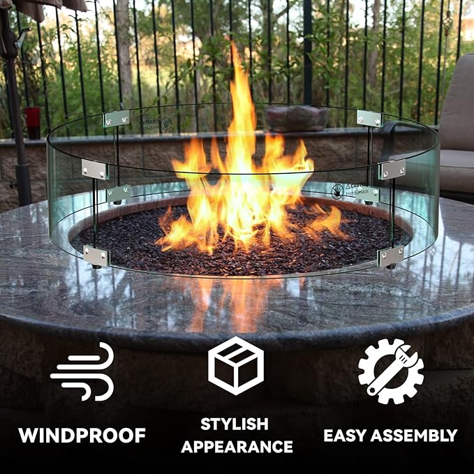 Skyflame 29" Round Glass Wind Guard, Upgraded Prevent Falling Apart Thick/Clear Tempered Glass Panel with Hard Aluminum Corner Bracket & Feet for 24" Round Fire Pit Burner Pans