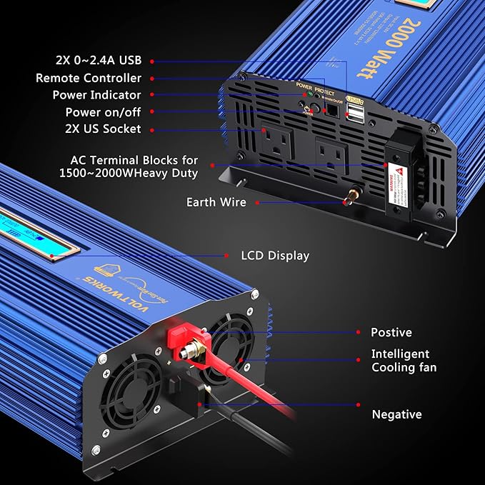 VOLTWORKS 24 Volt 2000W Pure Sine Wave Power Inverter 24V DC to 110V 120V AC and Hardwire Block with LCD Display Remote Controller Compatible with Lithium Battery for Off-Grid Solar RV Car Truck Boat