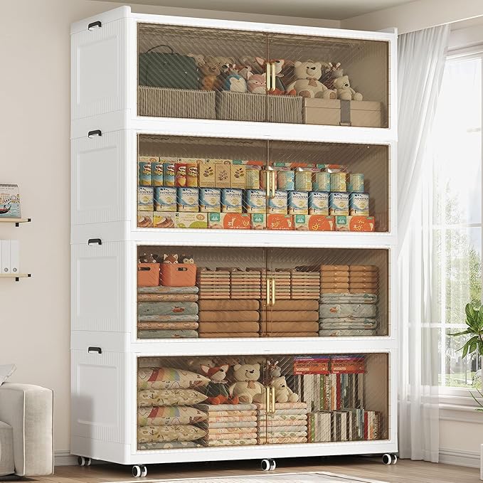 1280QT Extra Large Storage Bins with Lid and Wheels, 320Gal Stackable Closet Organizers and Storage Cabinet, Collapsible Storage Box Drawer with Doors for Home Kitchen Office Dorm, 4Pack White