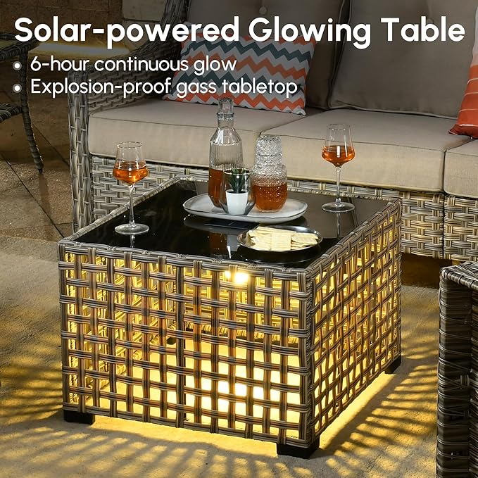 6 Pieces Patio Outdoor Furniture Set,All Weather Wicker Rattan Patio Seating Sofa and Chair Set w/Ottoman and Glowing Coffee Table,Outdoor Conversation Sets for Deck Yard Garden,Beige