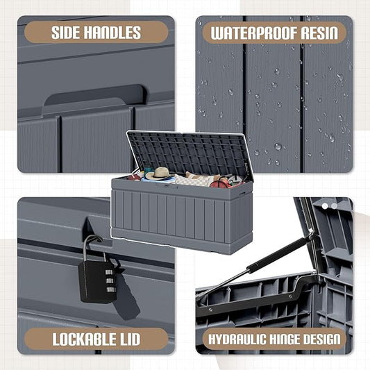 JUMMICO 78 Gallon Outdoor Deck Box Large Resin Storage Box for Patio Furniture Cushions, and Garden Tools (Gray)
