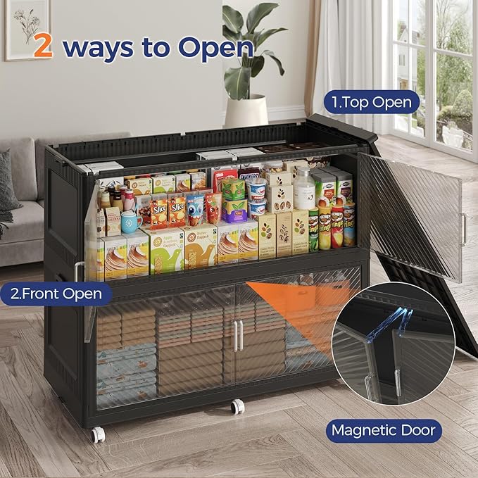 800QT Extra Large Storage Bins with Lid and Wheels, 200Gal Stackable Closet Organizers and Storage Cabinet, Collapsible Storage Box Drawer with Doors for Home Kitchen Office Dorm, 4Pack Black