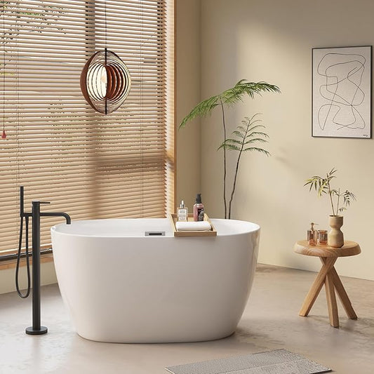 47‘’ White Acrylic Freestanding Bathtub, Oval Freestanding Bathtub with Chrome Overflow and Pop-Up Drain