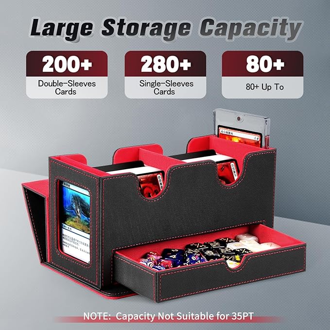 MTG Deck Box with 2 Commander Display,Commder Deck Box Fits 310+ Cards，with Dice Tray,Leather Magnetic,Fits for TCG CCG Magic Cards (Black Red)