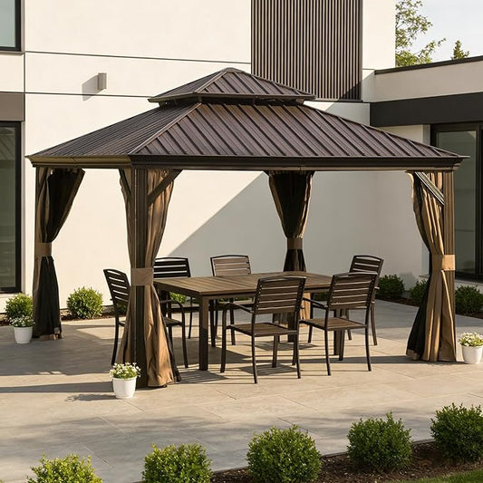Domi 13x13FT Outdoor Gazebo, Hardtop Gazebo with Galvanized Steel Double Roof, Metal Gazebos with Drainage System Patio Pergola for Patio Deck Backyard,Curtain and Netting,Brown
