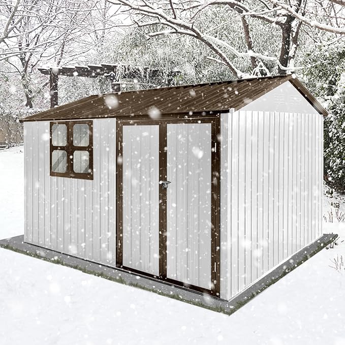 Metal Garden Sheds 10ftx8ft Outdoor Storage Sheds White+Coffee with Window, for Backyard, Patio, Poolside
