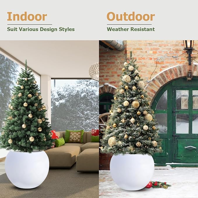 12.8" H x 16" D Globo Fiberstone Round Planter - Christmas Tree Planter, Smooth Finishes, Weather Resistant for Indoor & Outdoor Use, Included 2 Extra Coco Mats (White, 10.7" Pot Opening)
