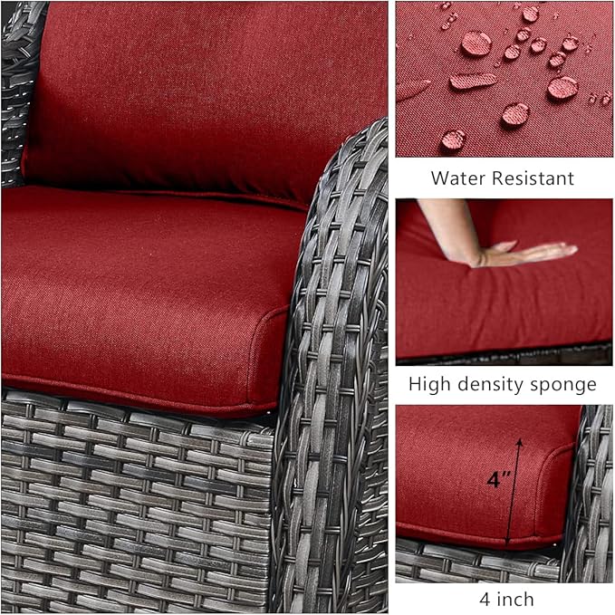 HUMMUH Patio Furniture Set with Fire Pit Table 5-Piece Wicker Outdoor Swivel Rocker Patio Chairs Loveseat Conversation Set for Porch, Backyard, Deck