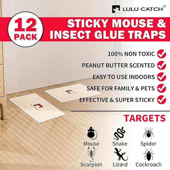LULUCATCH Mouse Traps Indoor for Home, 12 Pack Pre-Baited Sticky Mouse Traps, Non-Toxic Bulk Sticky Tray, Adhesive Glue Boards for Rats, Bugs, Spiders, Mice, Cockroaches, Pet Safe Pest Control