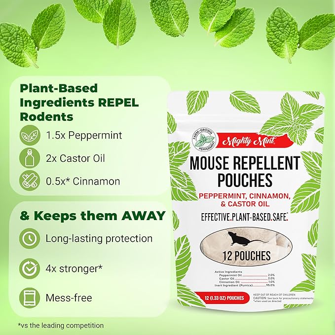 Mighty Mint Mouse Repellent Pouches – Peppermint, Castor Oil & Cinnamon Formula – Natural Indoor Deterrent for Mice and Rodents – Plant-Based, Long-Lasting Protection – 12 Count (Pack of 2)