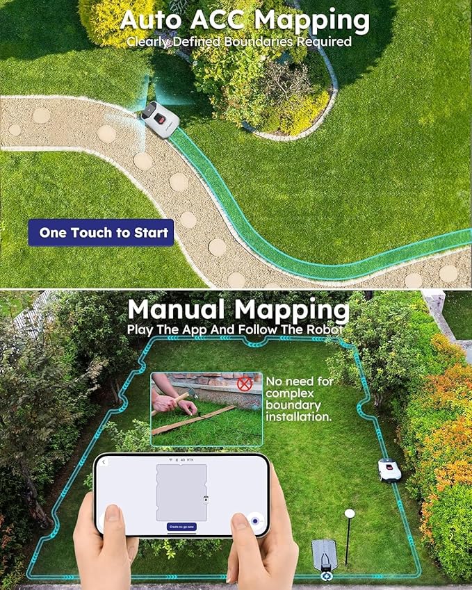 Robot Lawn Mower NO Wire - 0.9 Acre, Full Band RTK+4-Eye Vision Robotic Lawnmower, Automatic Mapping, 30 Multi-Zone Management, Accurate Obstacle Avoidance, Intelligent Anti-Theft, APP Control