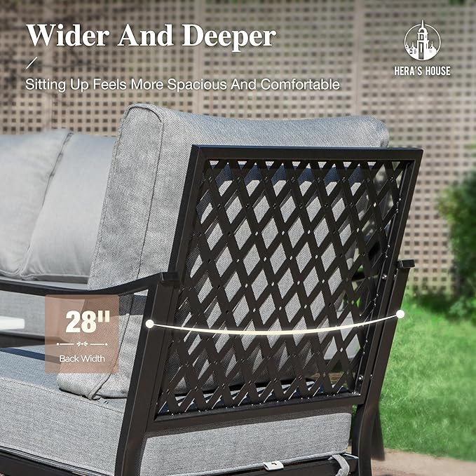 HERA'S HOUSE 6 Piece Metal Patio Furniture Set with 56" Fire Pit Table, All Weather Outdoor Conversation Set, 3 Seat Sofa, 2 Swivel Chairs, 2 Fixed Chairs, Seats 7 for Backyard, Garden, Deck, Grey