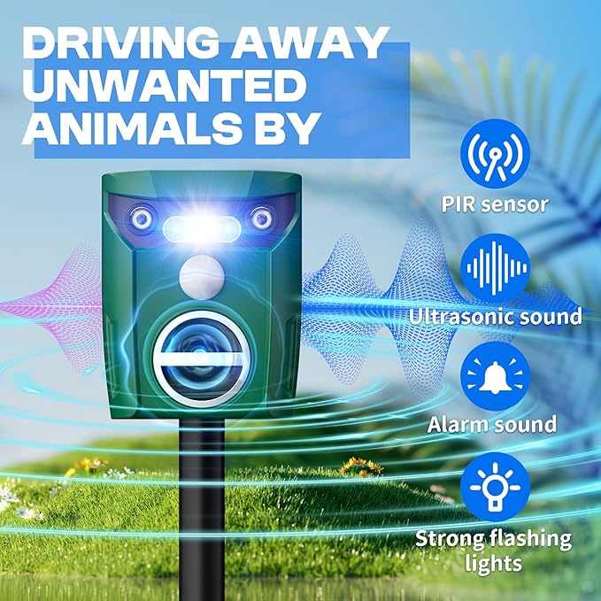 2 Pack Motion Activated Cat Repellent, Outdoor Weatherproof Deer Repellent Device with Flashing Lights & Alarm Solar Ultrasonic Animals Repellent for Cats, Dogs, Raccoons, Rabbits, Squirrels, Skunks