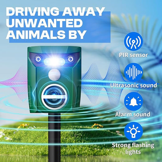 2 Pack Motion Activated Cat Repellent, Outdoor Weatherproof Deer Repellent Device with Flashing Lights & Alarm Solar Ultrasonic Animals Repellent for Cats, Dogs, Raccoons, Rabbits, Squirrels, Skunks
