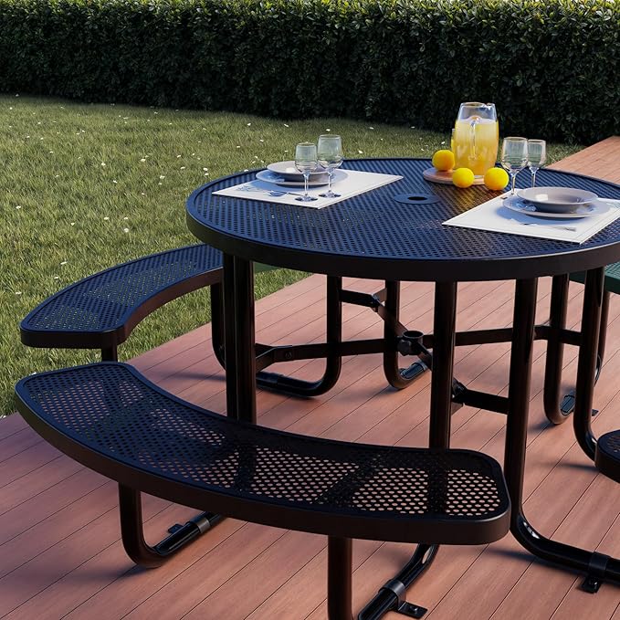 OUTTANS Metal Picnic Tables for Outdoors with Umbrella Hole - Coated Steel Heavy Duty Commercial Grade Furniture Set with Adjustable Seats (Black, 46 in, Round, Punched Steel)