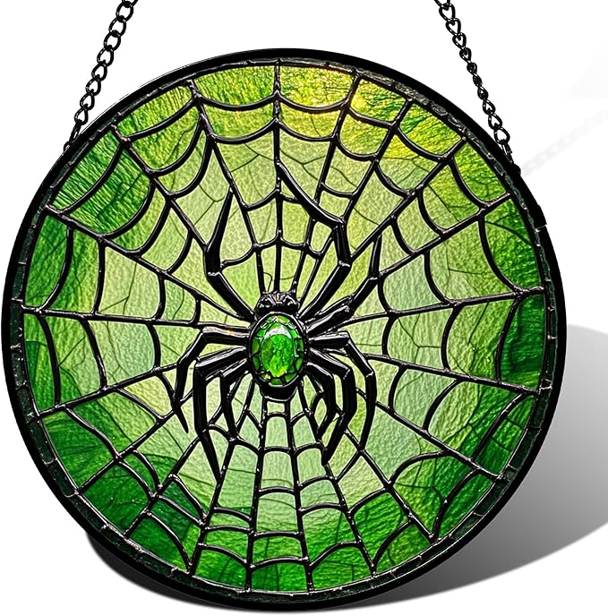CRISGIF Stained Glass Window Hanging - Black Green Horror Spider Web Suncatcher for Doors Garden Patio Sun Catchers Decor Christmas Halloween Birthday Gifts for Women Men Mom Nana Friend 11.8 in