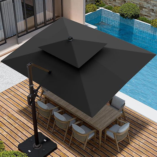 9' X 12' Cantilever Patio Umbrella with Base Included Double Top Rectangular Outdoor Large Offset Umbrellas with 7 Tilts Adjustable 360°Rotation for Deck Pool Garden Backyard, Grey