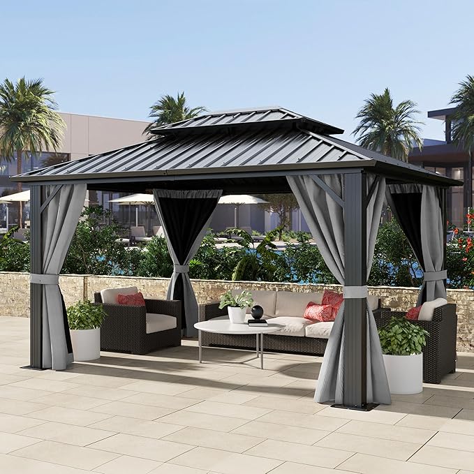 DWVO 10x12ft Gazebo Double Roof Hardtop with Nettings and Curtains, Heavy Duty Galvanized Steel Outdoor Vertical Stripes Roof for Patio, Backyard, Deck, Lawns, Grey